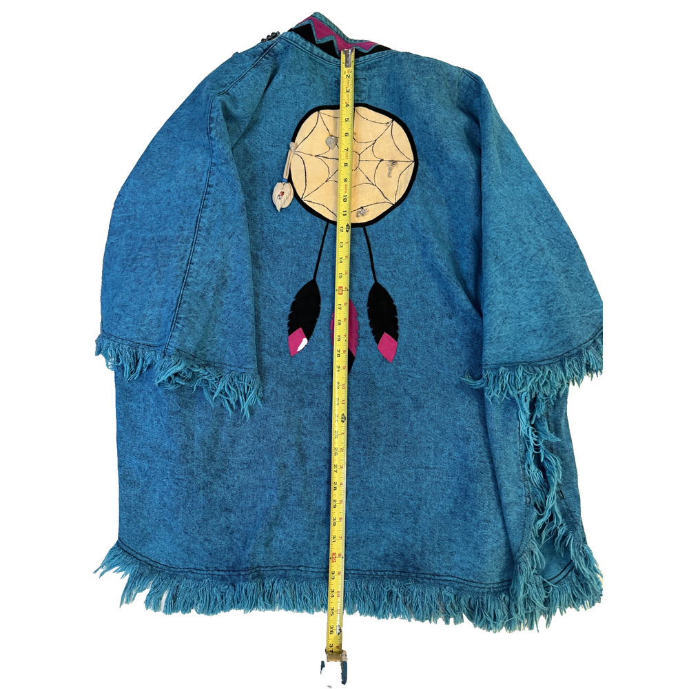 Vintage 90s Aztec‎ Jacket Womens LG Denim Western Fringed Dreamcatcher Poncho - Picture 7 of 7
